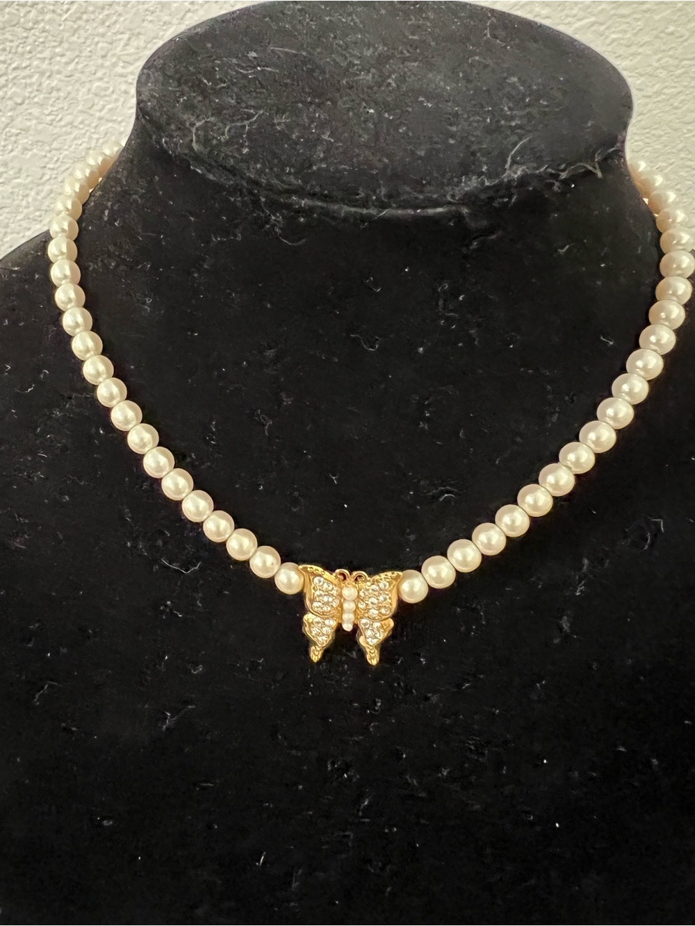 Vintage Napier Pearl Necklace with Gold Crystal Butterfly Pendant - Women Jewelr